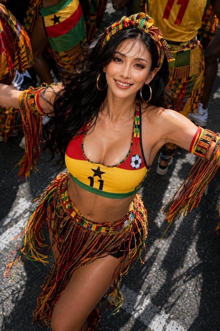 A woman in a Ghana-themed World Cup outfit smiles brightly outdoors.
