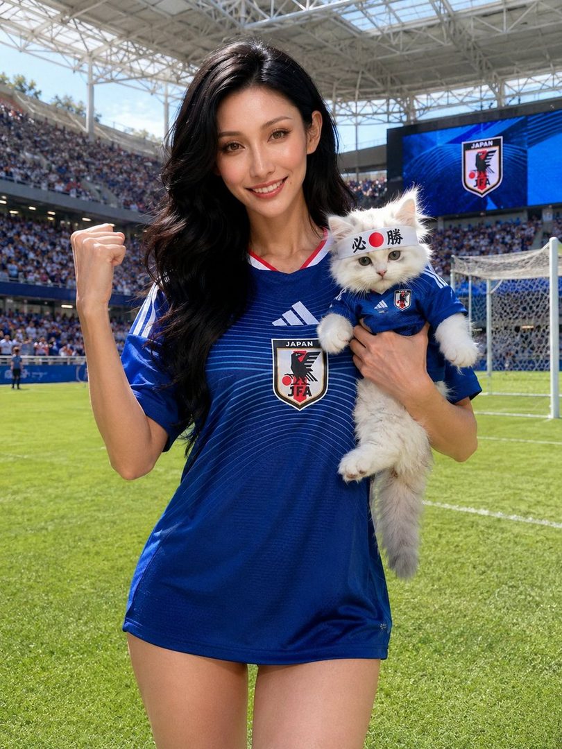 A woman in a blue Japan soccer jersey holds a cat also in a Japan jersey and headband, posing at a stadium.