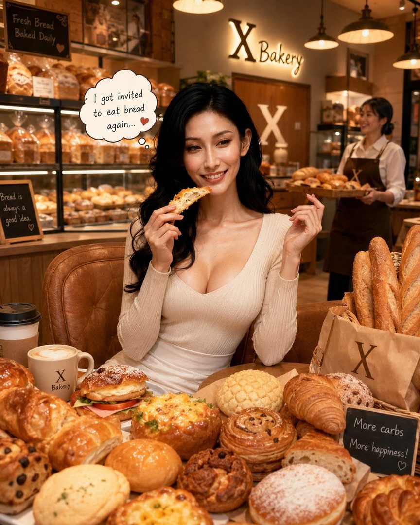 A smiling woman with long black hair sits in a bakery, surrounded by various breads and pastries, holding a piece of bread to her mouth.