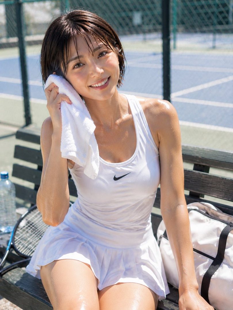 A smiling East Asian woman with short brown hair, wearing white sportswear, wipes sweat with a towel on a tennis court bench.