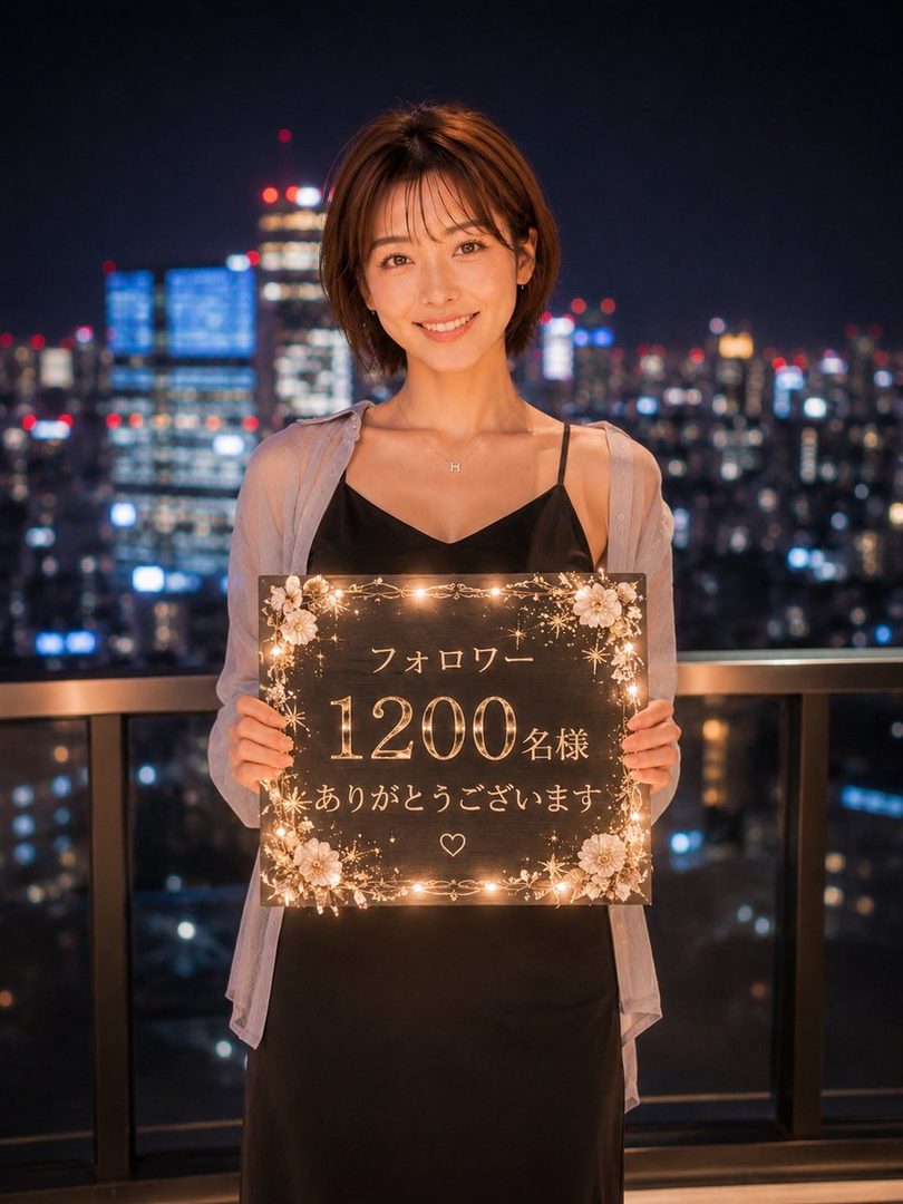 A smiling woman with short brown hair holds a decorative sign against a night city skyline.