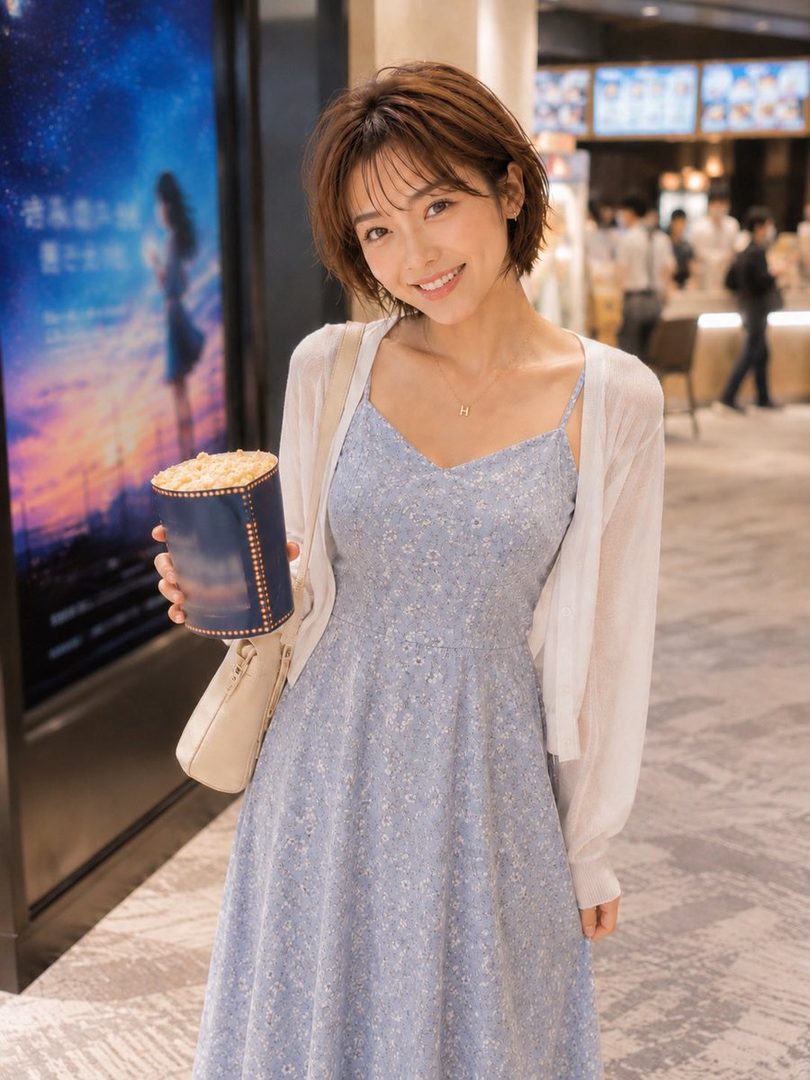 A smiling woman with short brown hair in a light blue floral dress and white cardigan holds a popcorn bucket in an indoor setting.