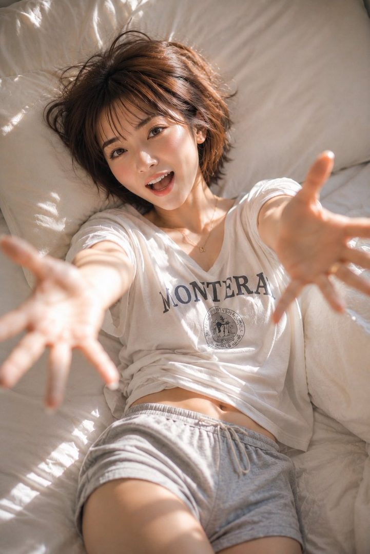 A playful East Asian woman with short brown hair lies on a bed, reaching out towards the camera in a sunlit bedroom.