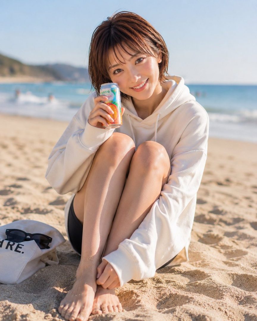 A young woman with short brown hair smiles while sitting on a sandy beach, holding a colorful beverage can.