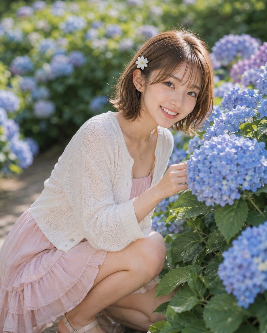 A smiling woman with short brown hair and a flower in her hair crouches in a garden of blue hydrangeas, wearing a pink dress and white cardigan.
