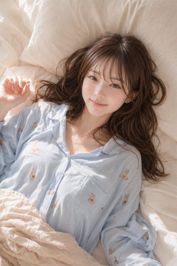 A beautiful East Asian woman with long brown hair and bangs lies in bed, wearing light blue pajamas with teddy bear patterns, looking serenely at the camera.