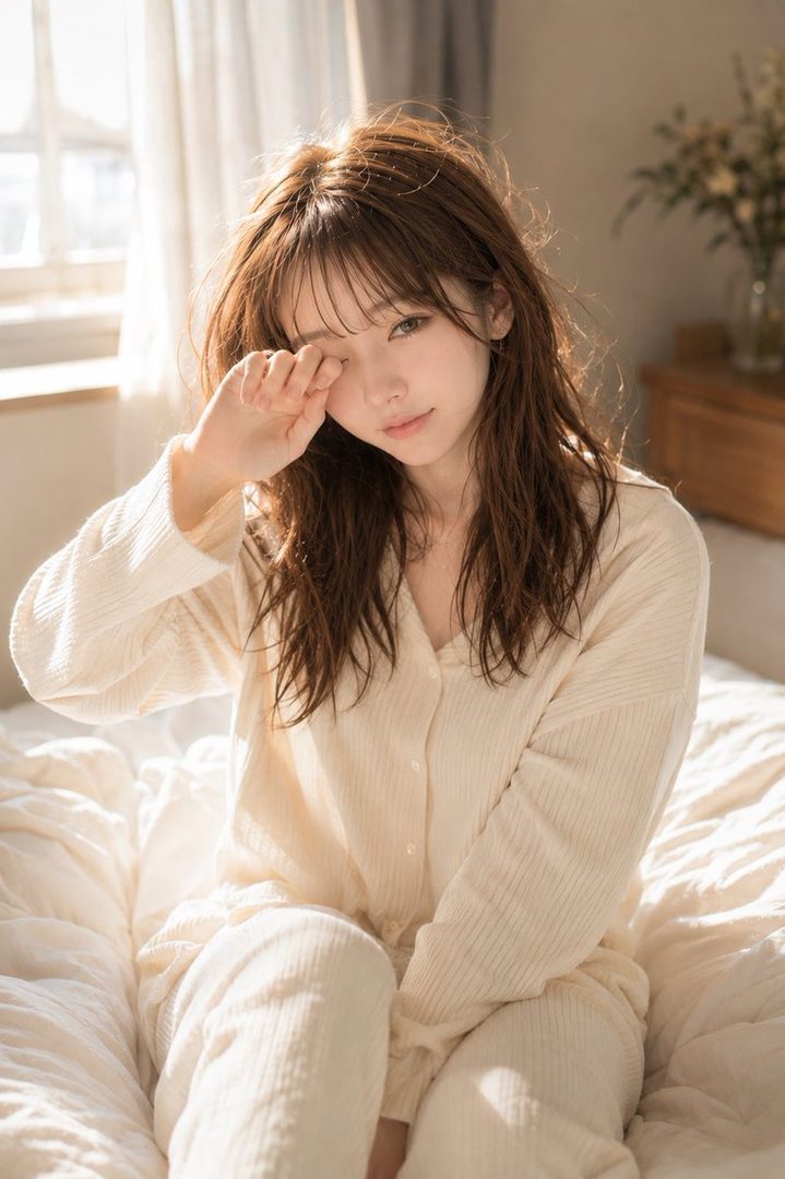 A young woman with long brown hair and bangs, wearing a cream-colored knit top, sits on a bed in a sunlit bedroom, rubbing her eye as if just waking up.