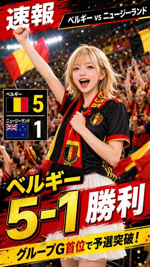 A blonde woman in a Belgium soccer jersey and scarf cheers excitedly in a stadium, with a score overlay of Belgium 5-1 New Zealand.