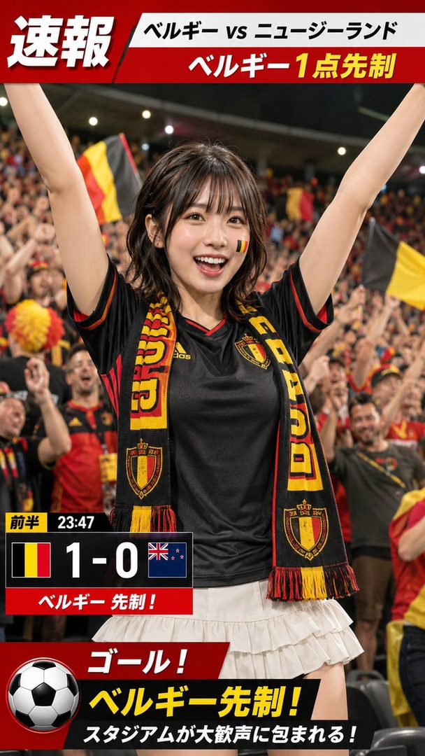 A young woman with short brown hair, wearing a black Belgium soccer jersey and a white skirt, cheers with her arms raised in a stadium.