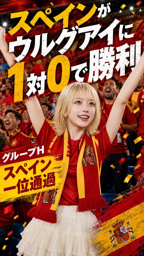 A blonde woman in a red jersey and white skirt cheers with her arms raised, wearing a Spanish flag scarf, with a crowd and text overlay in the background.