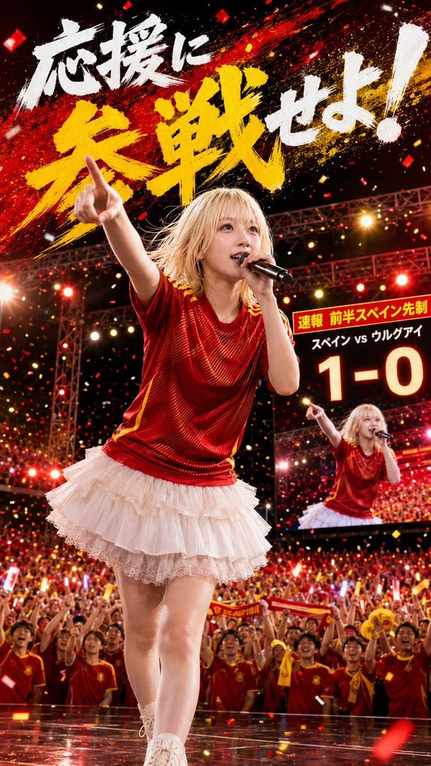 A blonde woman in a red jersey and white skirt sings into a microphone on a stage, pointing to a scoreboard showing a soccer match score, with a cheering crowd in the background.