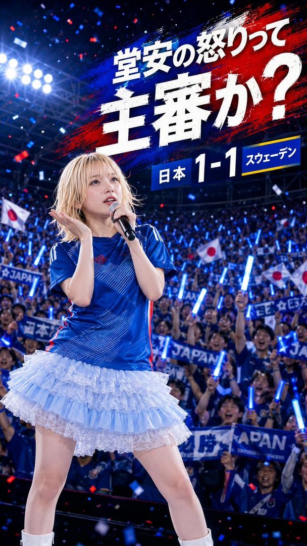 A blonde woman in a blue soccer jersey and a light blue ruffled skirt sings into a microphone on a stage, with a cheering crowd holding light sticks and Japanese flags in the background.
