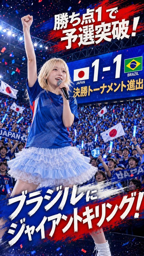 A blonde woman in a blue soccer jersey and a light blue ruffled skirt sings into a microphone, raising her fist in triumph, against a backdrop of a cheering crowd and a scoreboard showing Japan 1-1 Brazil.