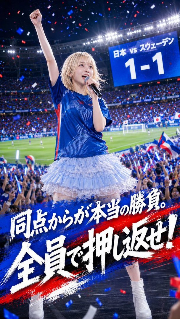 A blonde woman in a blue jersey and a frilly skirt sings into a microphone with her arm raised, in front of a stadium crowd and a scoreboard showing "Japan vs Sweden 1-1".