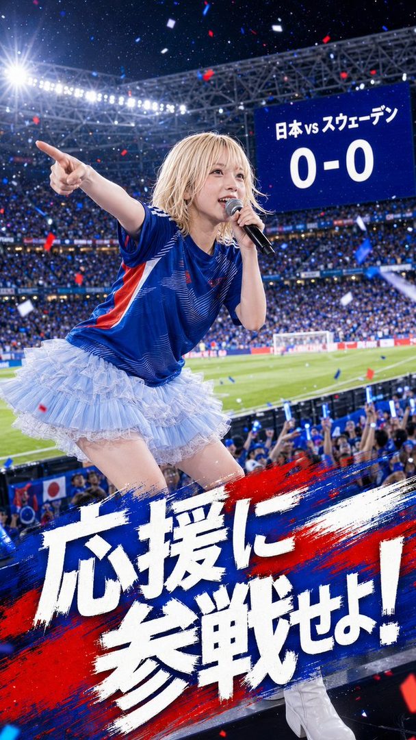 A blonde woman in a blue and red jersey and a light blue ruffled skirt sings into a microphone and points, with a soccer stadium and scoreboard in the background.