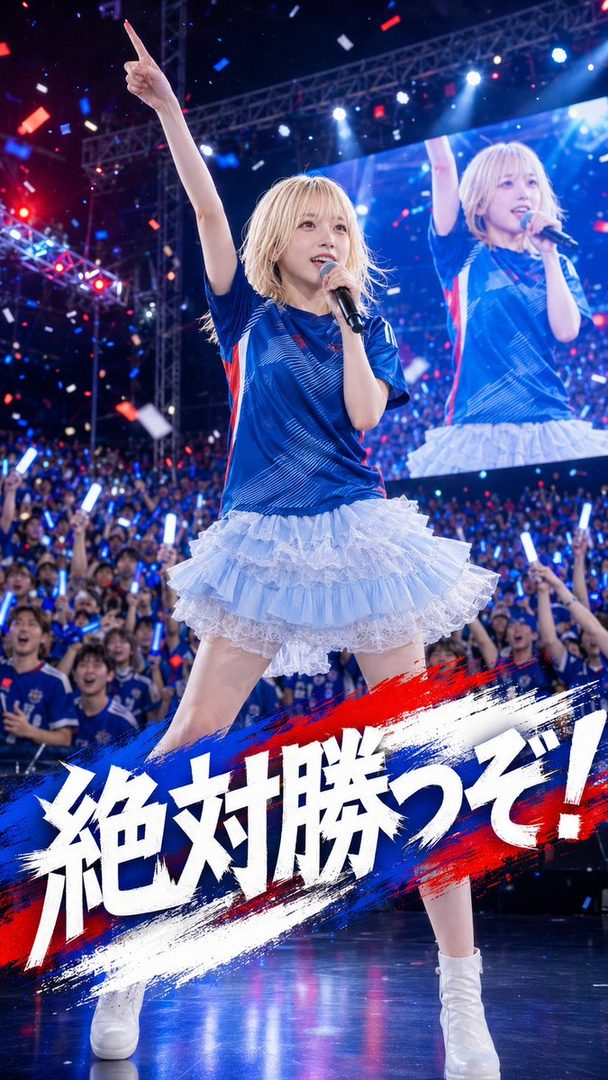 A blonde woman in a blue soccer jersey and a frilly skirt sings into a microphone on a stage, with a crowd in the background and text overlay.