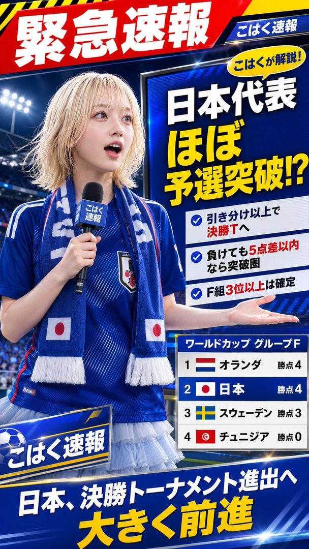 A blonde woman in a blue Japan national football team jersey and scarf holds a microphone, reporting on the World Cup standings.