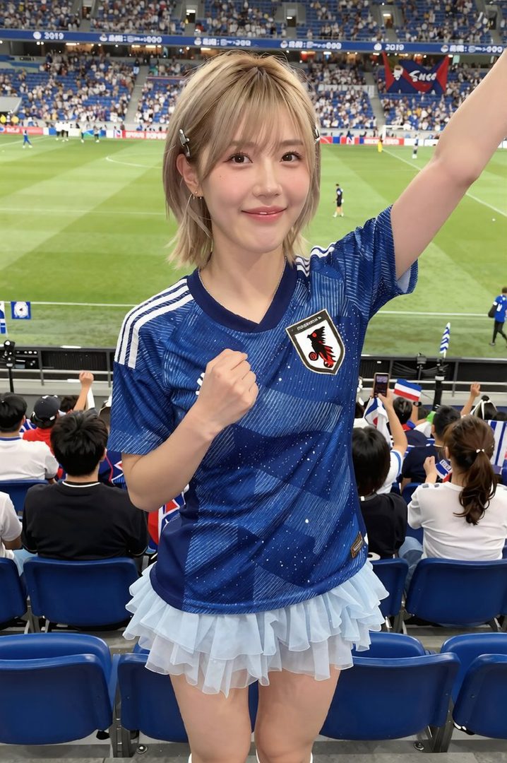 A young woman with blonde hair wearing a blue soccer jersey and a light blue ruffled skirt, cheering at a stadium.
