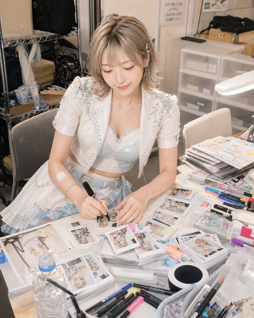 A young woman with short blonde hair in a white and blue outfit is signing instant photos at a desk.