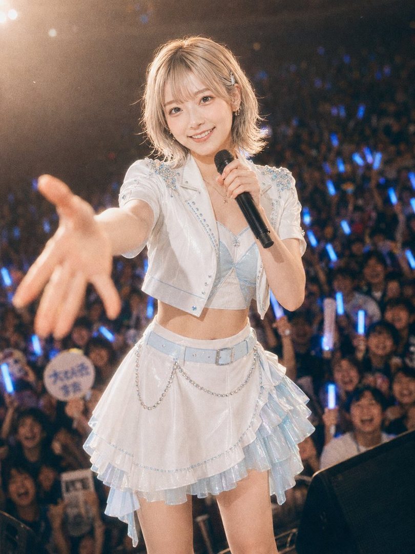 A young woman with short blonde hair and bangs, wearing a white and light blue idol costume, smiles and extends her hand towards the camera while holding a microphone on stage with a crowd in the background.