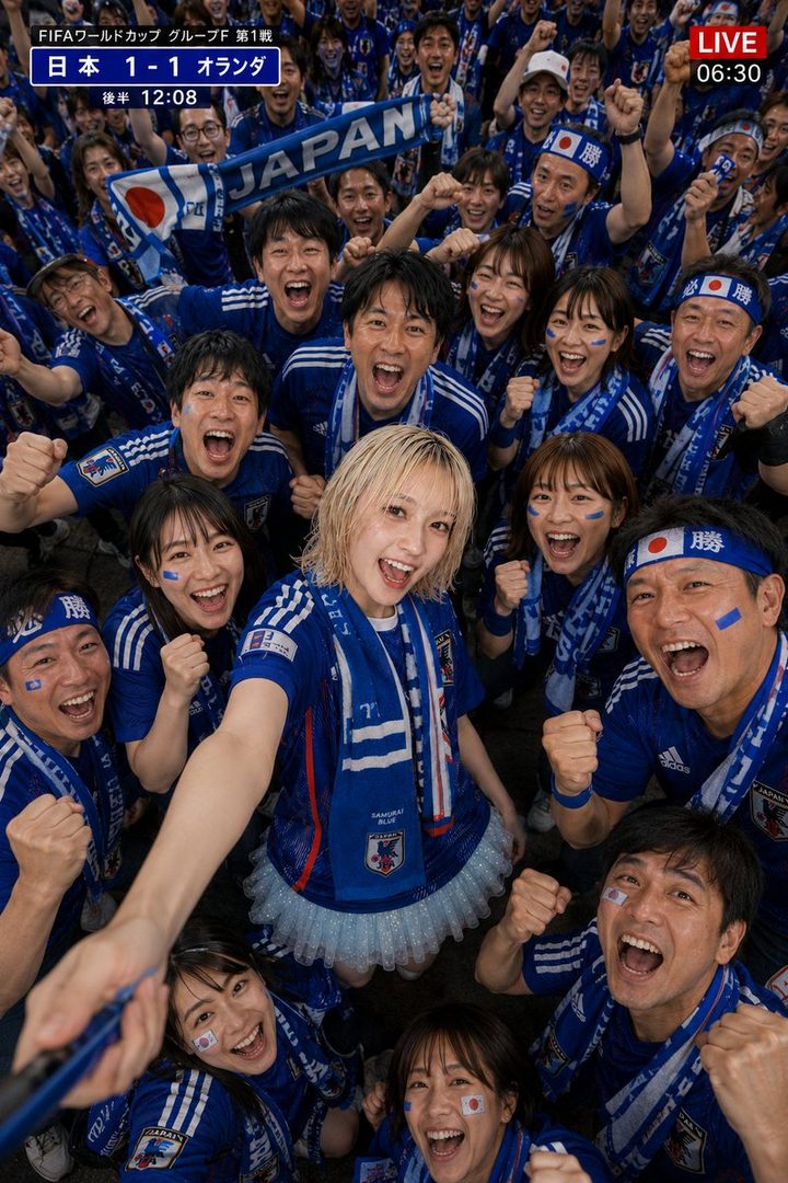 A group of excited Japanese soccer fans, including a blonde woman taking a selfie, cheer loudly while wearing blue jerseys and face paint at a World Cup match.