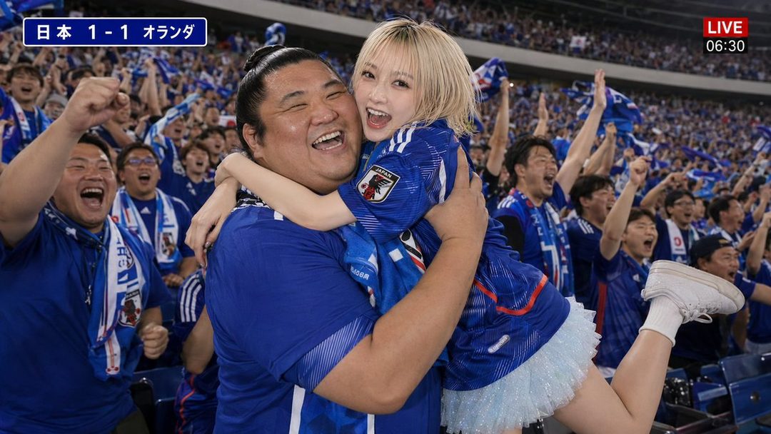 A man and a woman in blue soccer jerseys celebrate excitedly in a stadium full of cheering fans.
