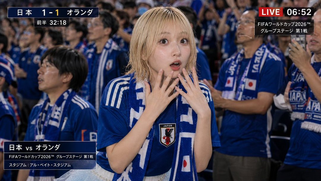 A young woman with blonde hair wearing a Japan soccer jersey and scarf, looking surprised at a World Cup match.