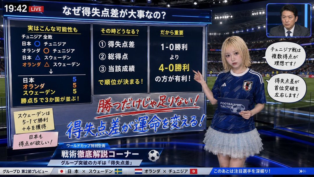 A blonde woman in a blue Japan national football team jersey and a white ruffled skirt points at a screen displaying World Cup match statistics.