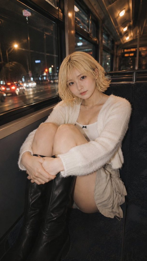 A blonde woman in a white cardigan and short skirt sits on a bus at night, looking at the camera.