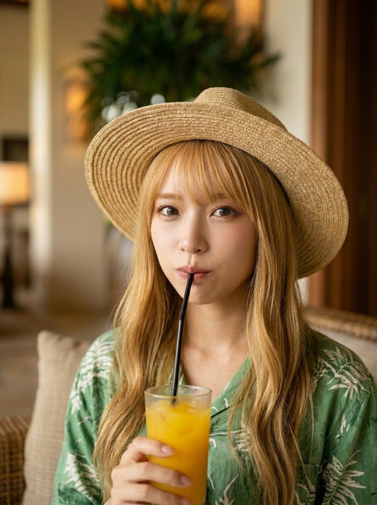 A woman with blonde hair and bangs, wearing a straw hat and a green patterned shirt, sips an orange drink through a straw indoors.