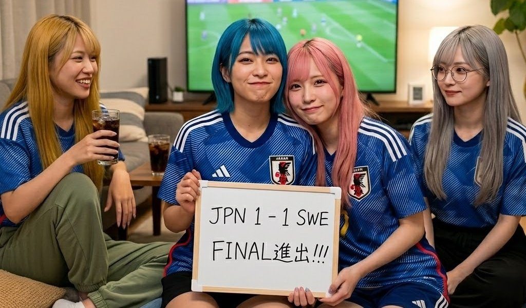 Four young women in blue soccer jerseys are watching a game on TV, with two of them holding a whiteboard that says "JPN 1 - 1 SWE FINAL進出!!!"