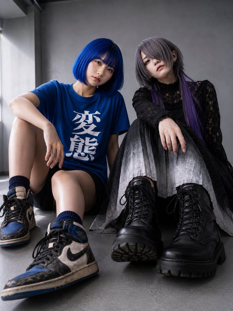 Two women with unique hairstyles and outfits sit on the floor, one in a blue t-shirt and the other in a black dress.
