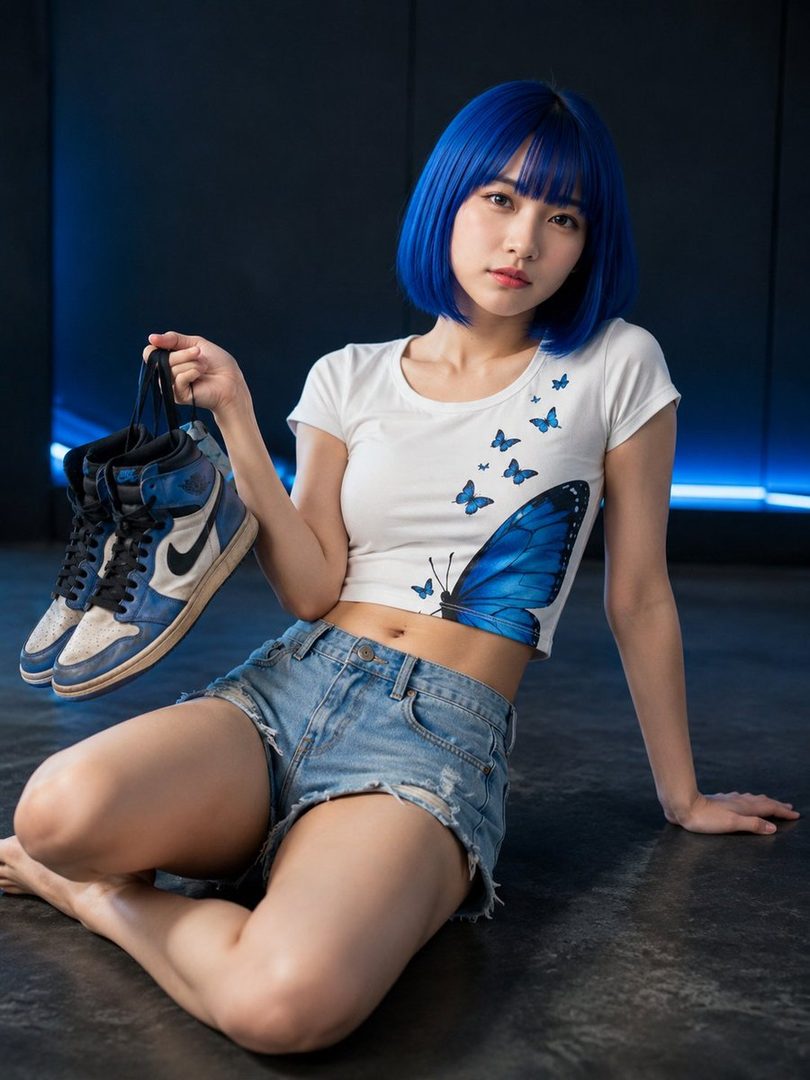 A woman with blue hair and a butterfly-print crop top sits on the floor, holding a pair of sneakers.