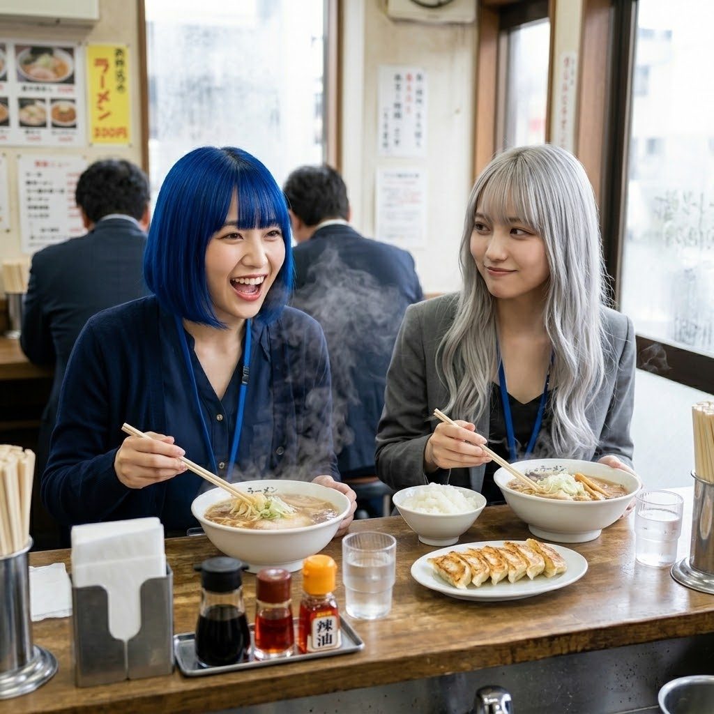 Two young women with colorful hair are happily eating ramen and gyoza at a casual Japanese restaurant.