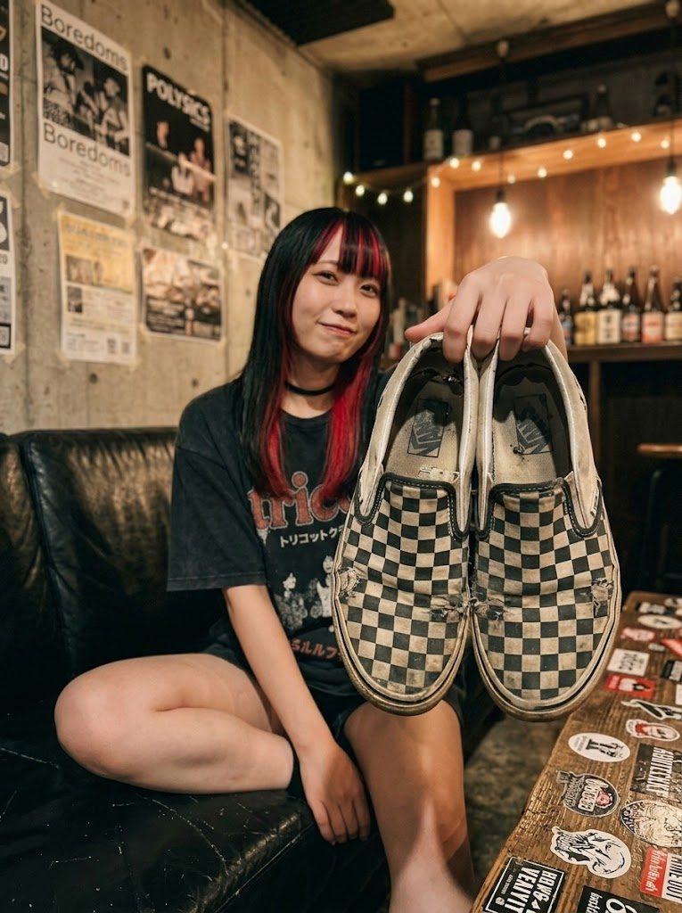 A young woman with black and red hair sits on a couch, holding up a pair of worn checkered Vans slip-on shoes.