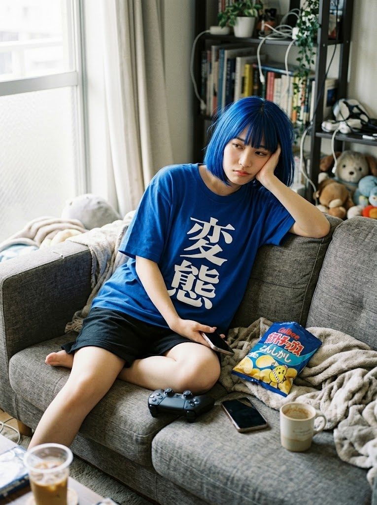 A young woman with blue hair sits on a sofa, looking bored, with a bag of chips and a game controller nearby.