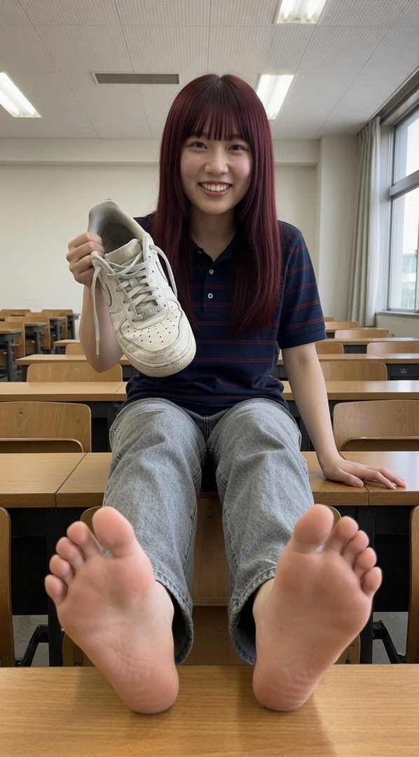A smiling East Asian woman with red hair sits on a desk in a classroom, holding a white sneaker and showing her bare feet.