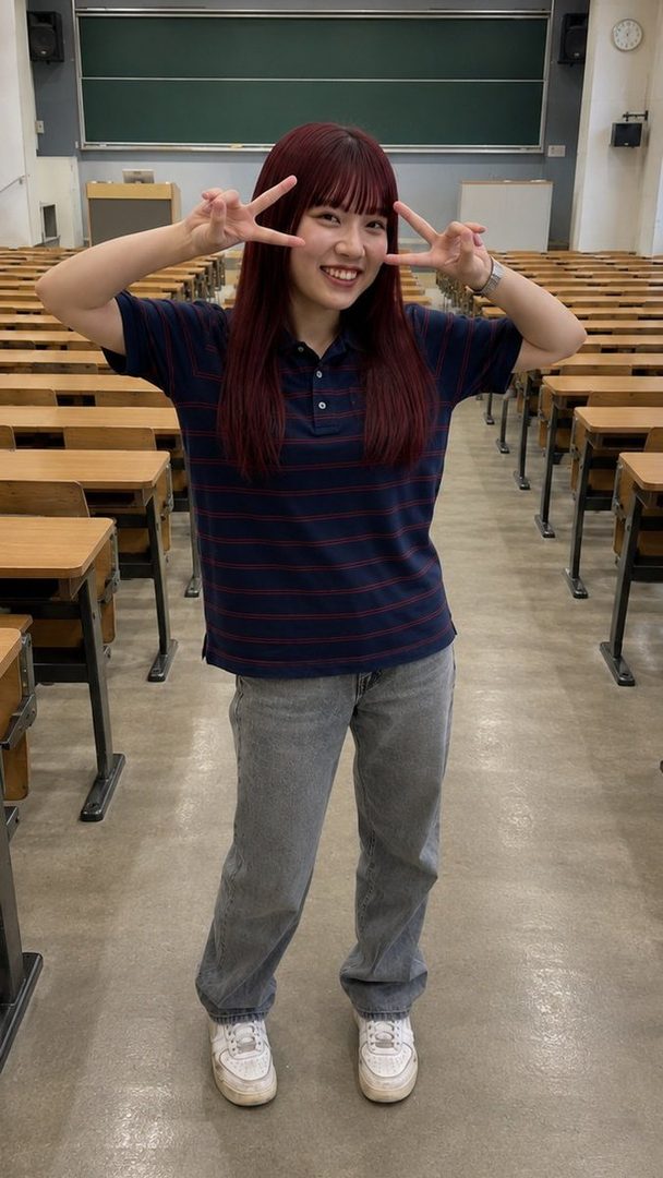 A young woman with red hair and bangs smiles and makes peace signs in a classroom with rows of desks.