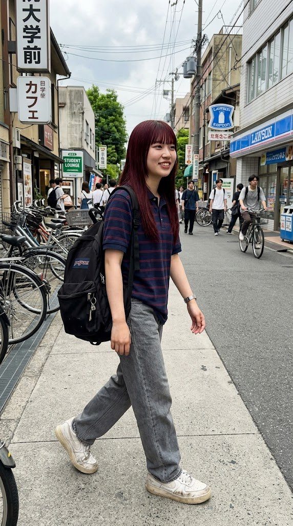 A young woman with long red hair and bangs, wearing a striped polo shirt and jeans, walks down a city street with a backpack.