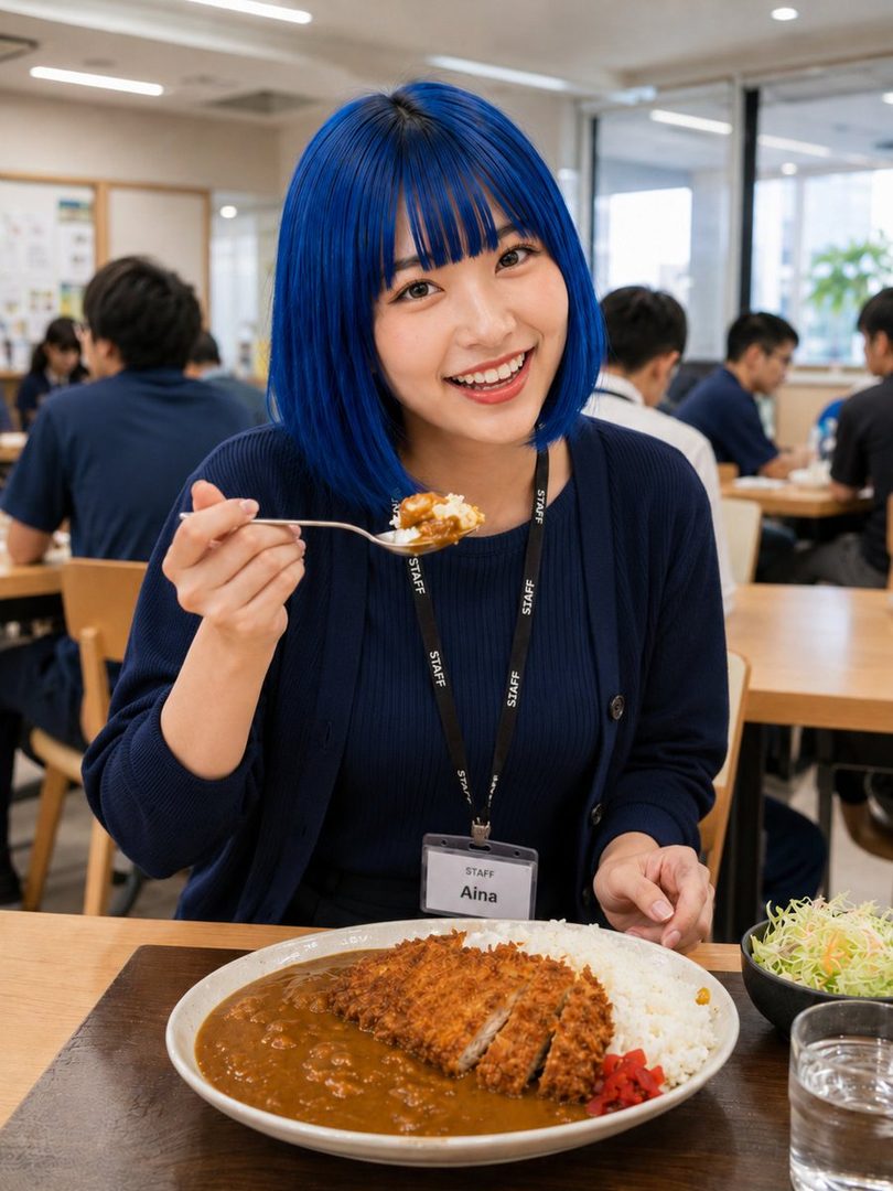 A young woman with blue hair smiles while eating katsu curry in a bright indoor setting.