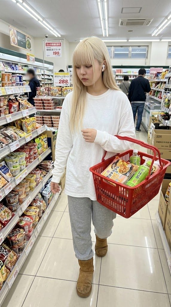 A blonde woman with bangs wearing a white long-sleeve shirt and grey sweatpants, holding a red shopping basket in a Japanese convenience store.