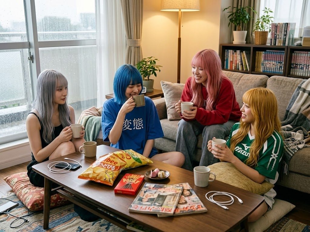 Four young women with colorful hair are sitting on the floor and sofa in a cozy living room, drinking from mugs and chatting.