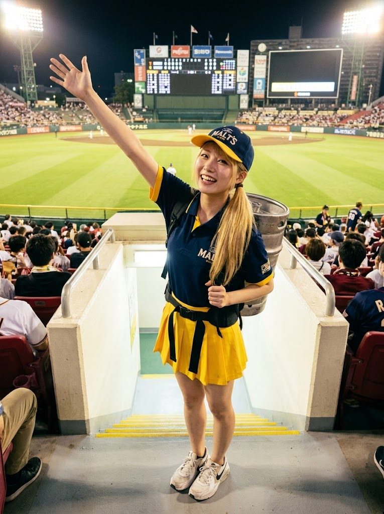 A smiling woman with blonde hair in a ponytail, wearing a blue and yellow uniform with a cap and a yellow pleated skirt, stands in a baseball stadium at night, carrying a beer keg on her back and waving.