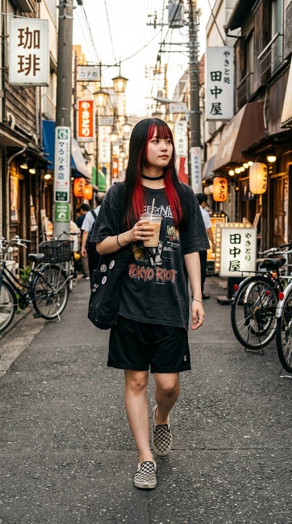 A young woman with black and red hair walks down a narrow street in Japan, holding an iced latte.