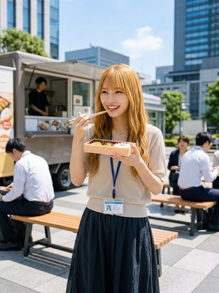 A young woman with blonde hair and bangs smiles while eating a bento box with chopsticks outdoors in a city setting.