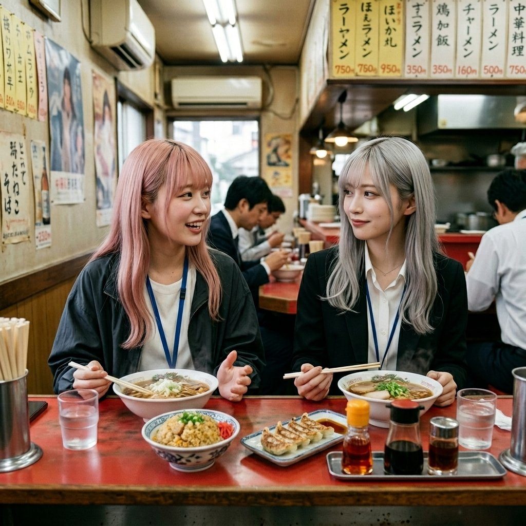 Two young women with pink and silver hair are eating ramen and gyoza in a casual Japanese restaurant.