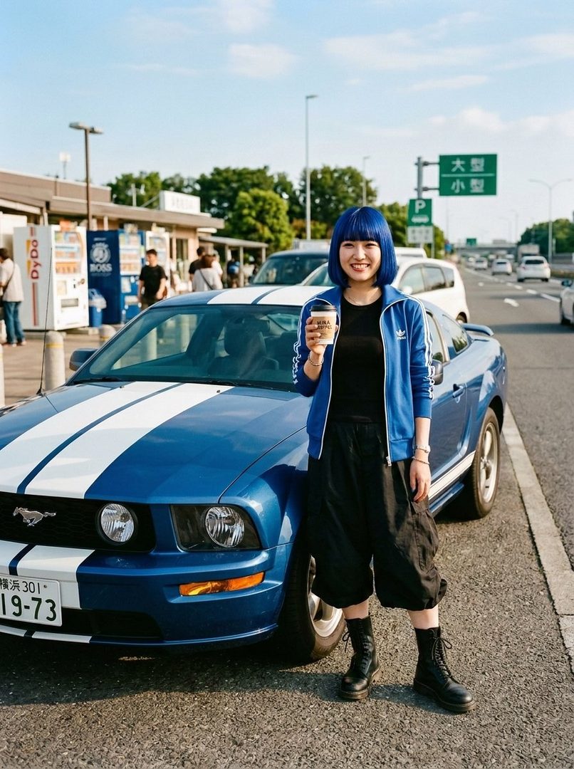 A young woman with short blue hair and a blue track jacket stands next to a blue Ford Mustang on a sunny day.