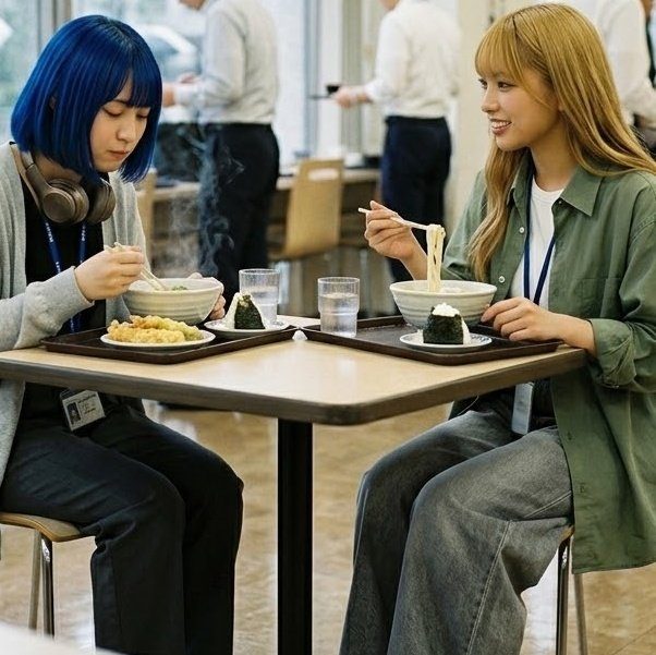 Two young women are eating lunch together at a cafeteria table, one with blue hair and the other with blonde hair.