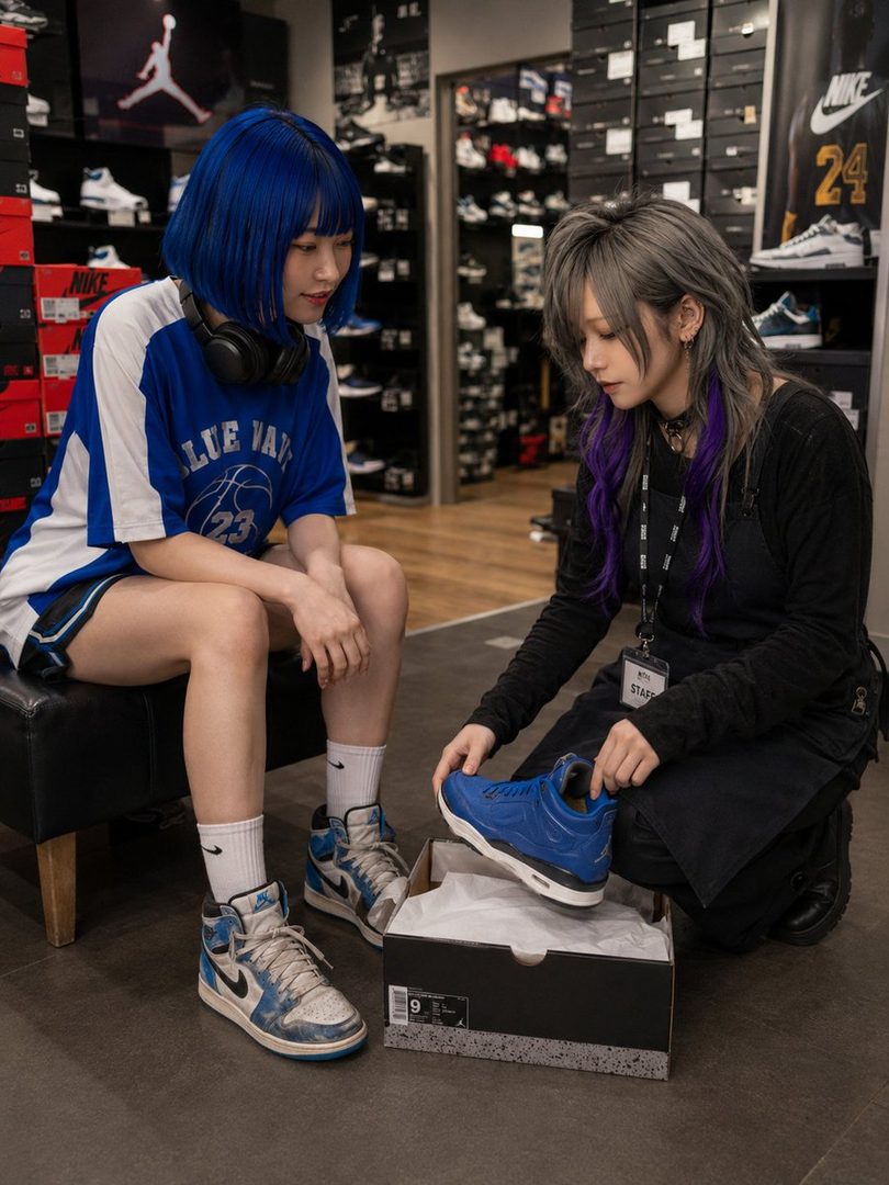 Two women in a shoe store, one with blue hair wearing a basketball jersey and headphones, the other with silver and purple hair showing a blue sneaker.