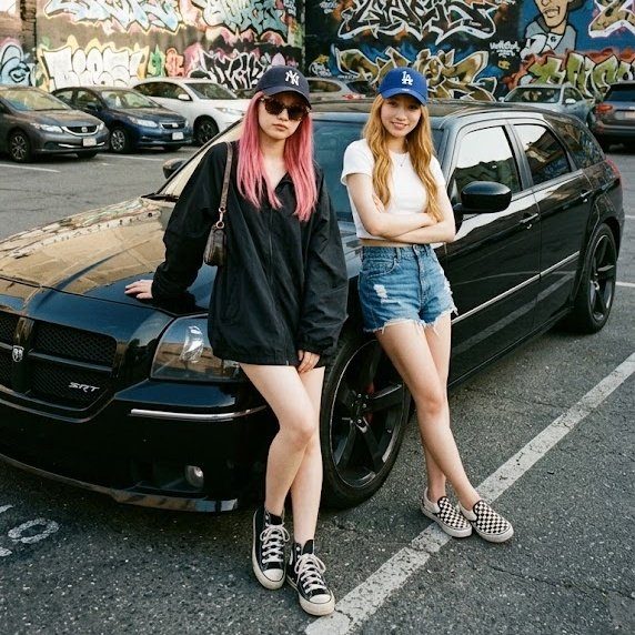 Two young women in casual outfits and baseball caps pose next to a black Dodge Magnum in a city parking lot with graffiti in the background.